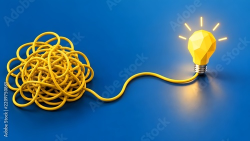 Tangled yellow cable leading to illuminated lightbulb symbolizing creative problem solving and unravelling complex business challenges