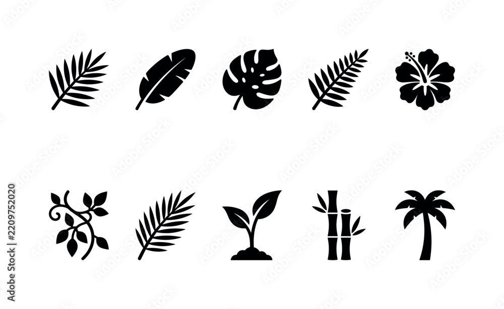 Fototapeta premium Exotic Palm Foliage, solid glyph icon set featuring palm leaf, banana leaf, monstera, fern, tropical blossom, vine, coconut leaf and jungle sprout, covering exotic foliage, tropical plants, rainforest
