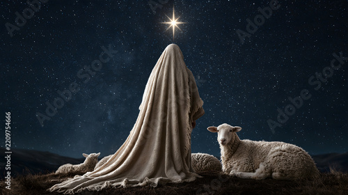 A lone shepherd standing on a dark hillside at night, seen from behind, looking up at a sky filled with stars, one star burning brighter than the rest directly above.