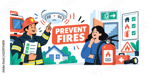 Fire Prevention Week. Fire Prevention Week banner showing a firefighter and resident beside one oversized smoke detector and one oversized fire extinguisher, with safety checklist, alarm symbol, exit