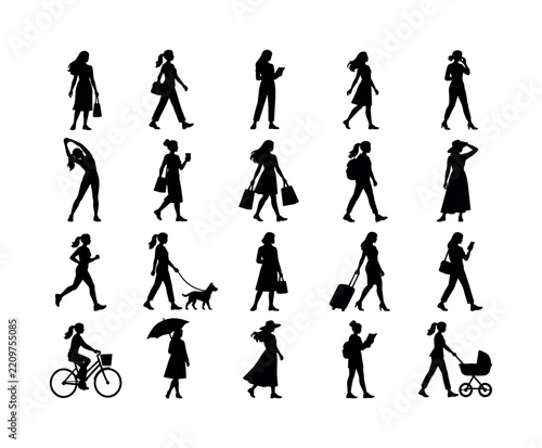 Women Activity Silhouettes, solid glyph icon set of 20 fully filled female human silhouettes in a 5x4 grid featuring standing, walking, stretching, carrying bags, using phones, waiting, exercising and