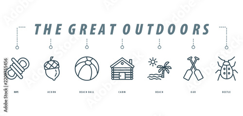 the great outdoors banner concept with icon of rope,
acorn,  beach ball,  cabin,  beach,  oar, beetle,
