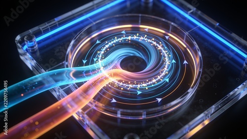 Displaying acrylic platform spiraling vortex into circular well, showing cyan and orange ribbons