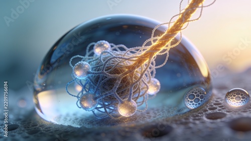 Holding clear droplet enclosing fibrous knot on porous mesh in lab, golden filament, glowing nodes