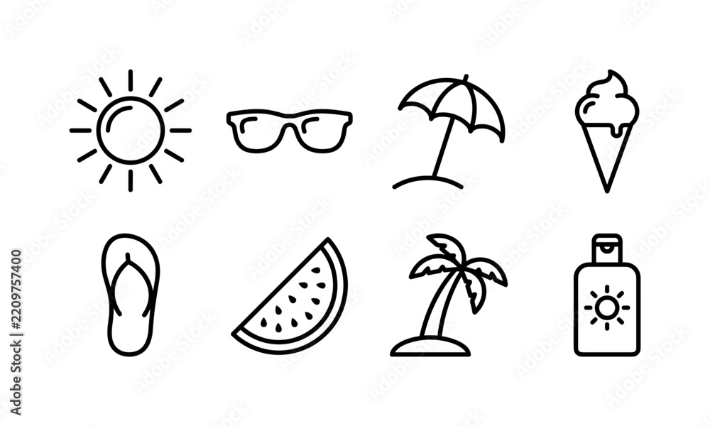 Fototapeta premium Summer Season Symbols, line icon set featuring sun, sunglasses, beach umbrella, ice cream, flip-flop, watermelon slice, palm tree, sunscreen bottle, covering summer, vacation, beach, warm weather,