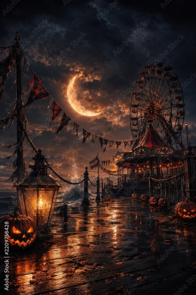 Fototapeta premium Haunted seaside carnival pier beneath a glowing crescent moon