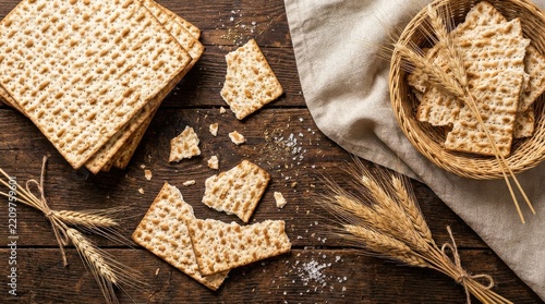Traditional matzah bread on a rustic wooden table with wheat. Symbolic unleavened bread for Passover, Jewish holidays, and cultural food traditions.