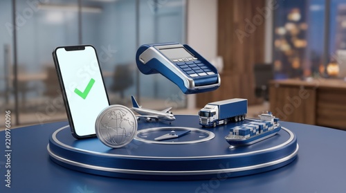 Global logistics and payment processing with smartphone and POS terminal. Modern supply chain management, secure online transactions, and worldwide shipping solutions for e-commerce businesses.