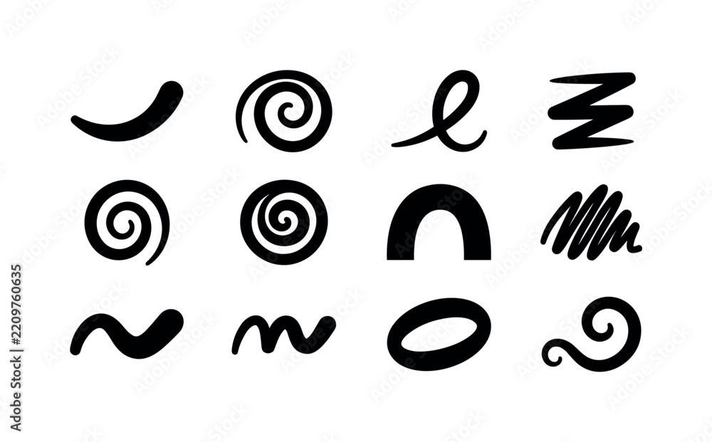 Fototapeta premium Brushstroke Doodle Shapes, solid glyph icon set featuring curved stroke, swirl, loop, zigzag, spiral, arch, scribble, wave, oval brush mark and decorative curl, covering abstract brushstrokes, doodle