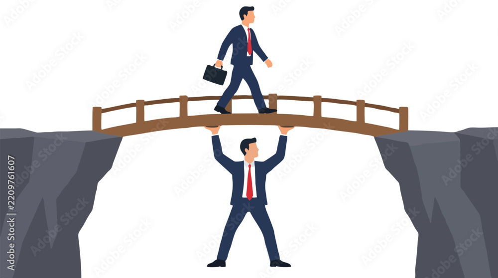 Fototapeta premium Businessman in suit holding wooden bridge steady over rocky chasm while colleague with briefcase walks across, symbolizing teamwork support leadership trust sacrifice collaboration concept
