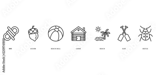 the great outdoors banner concept with icon of rope,
acorn,  beach ball,  cabin,  beach,  oar,  beetle
 