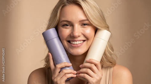 Smiling blonde woman holding two cosmetic product bottles. Showcasing beauty, skincare, and hair care products with natural glow and authentic happiness.