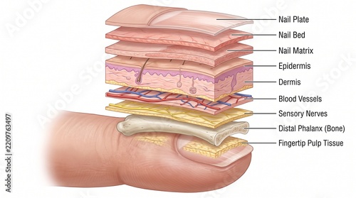 Cross section diagram of human fingertip and nail anatomy