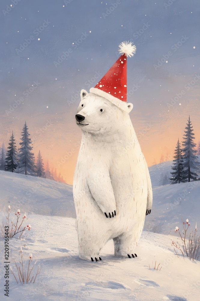 Obraz premium Polar bear wearing Santa hat in snowy winter forest