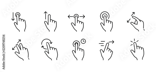 Touch Scroll Single Lines, one-line drawing set, 10 minimal continuous single-line icons showing finger scroll down, swipe up, drag, tap, pinch, zoom, rotate, hold, flick and touch-screen navigation,