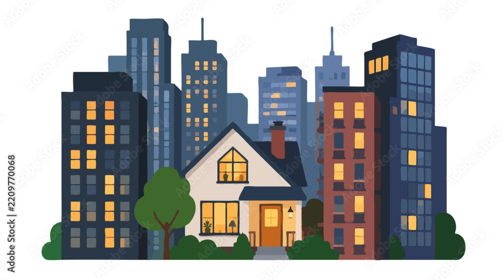 Fototapeta premium Cozy little house with warm glowing windows nestled among tall city skyscrapers at dusk, charming modern urban neighborhood contrast flat vector illustration isolated on white background