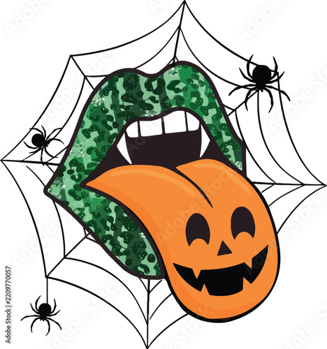 Vampire lips vector graphic showcases green animal print lips with white fangs and an orange jack o lantern tongue surrounded by intricate spiderwebs and crawling spiders.
