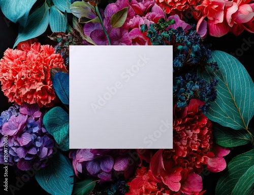 Vivid floral frame surrounds a blank square card on a dark backdrop, bright colors