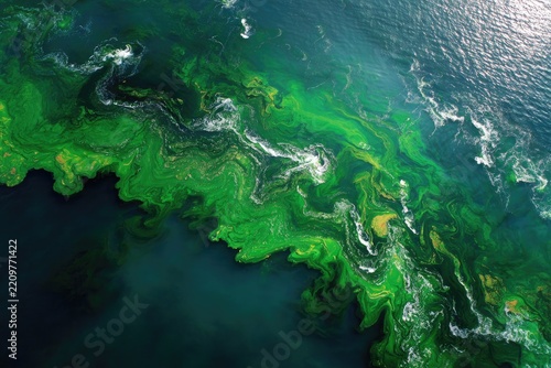 Vivid green algae bloom swirls in dark water, contrasting against the deep ocean