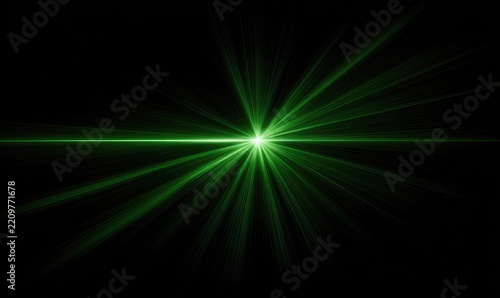 Vivid green light bursts from a central point against a dark, solid background