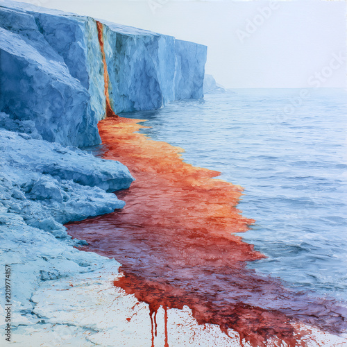 Melts Ice Cliff representation of climate change, showing vibrant red liquid flowing into the ocean.