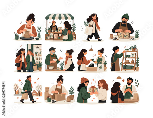Shop Local November Series. Shop local, local businesses, handmade goods, artisans, markets and November holiday shopping. 12 minimalist editorial vector scenes: An artisan crafts a handmade item, A