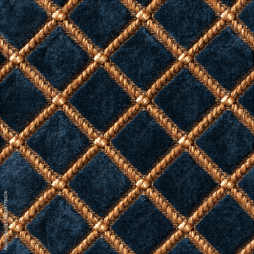 Fototapeta premium Seamless pattern blue velvet fabric forming a diamond quilted pattern, separated by golden braided ropes. Representing luxury, elegance, and rich texture