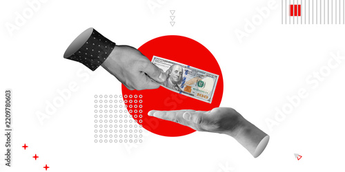 Two hands exchanging US dollar banknote. Money transfer, financial transaction, trust and negotiation. Minimalist art collage
