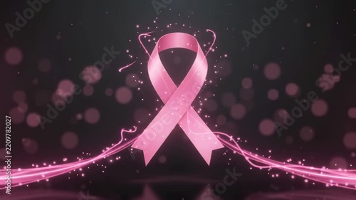 Pink ribbon representing breast cancer awareness glowing brightly against a dark bokeh background with floating particles and abstract light streaks.