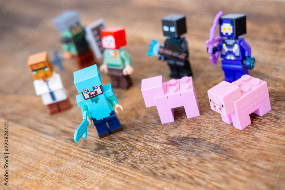 Obraz premium Lego minecraft plastic figures, block toys, pixel game characters, creative building bricks, hobby collection, Creative Educational toy game merchandise children play, Childhood play and creativity