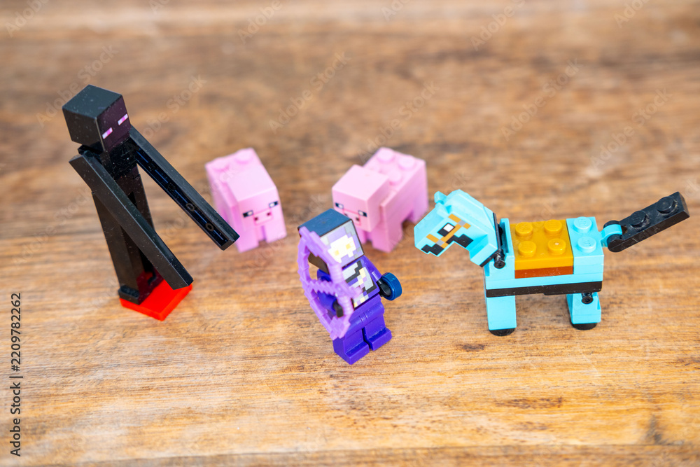 Obraz premium Lego minecraft plastic figures, block toys, pixel game characters, creative building bricks, hobby collection, Creative Educational toy game merchandise children play, Childhood play and creativity