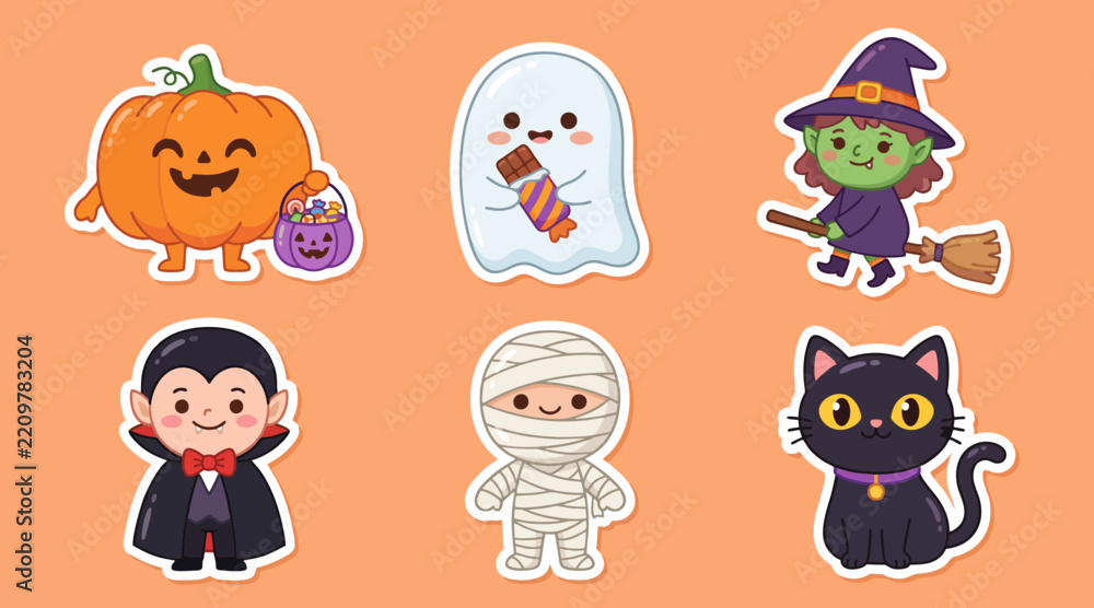 Obraz premium Halloween vector sticker collection featuring cute kawaii characters including orange jack o lantern pumpkin spooky ghost and friendly witch