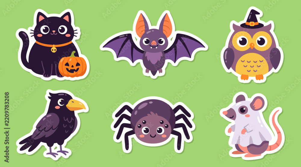 Obraz premium Halloween vector illustration set featuring cute cartoon animals including a black cat bat owl crow spider and ghost mouse
