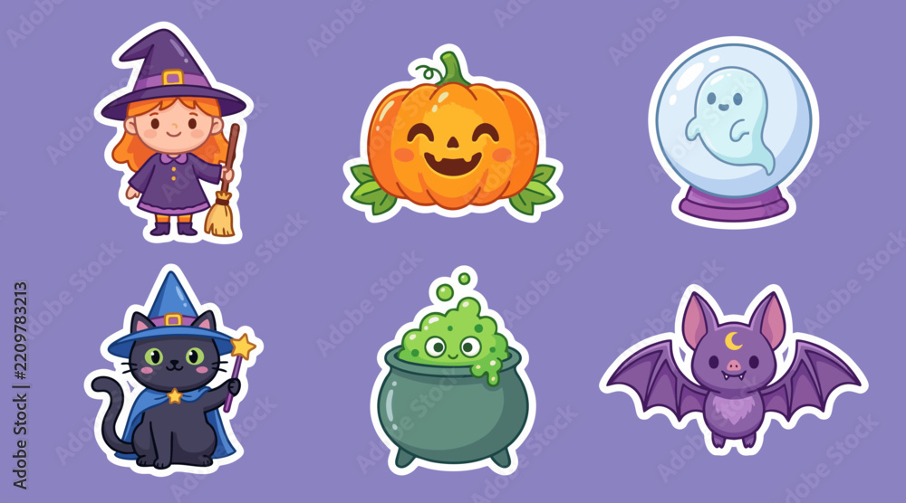 Fototapeta premium Colorful vector graphic collection featuring cute halloween stickers with a smiling witch and happy pumpkin characters