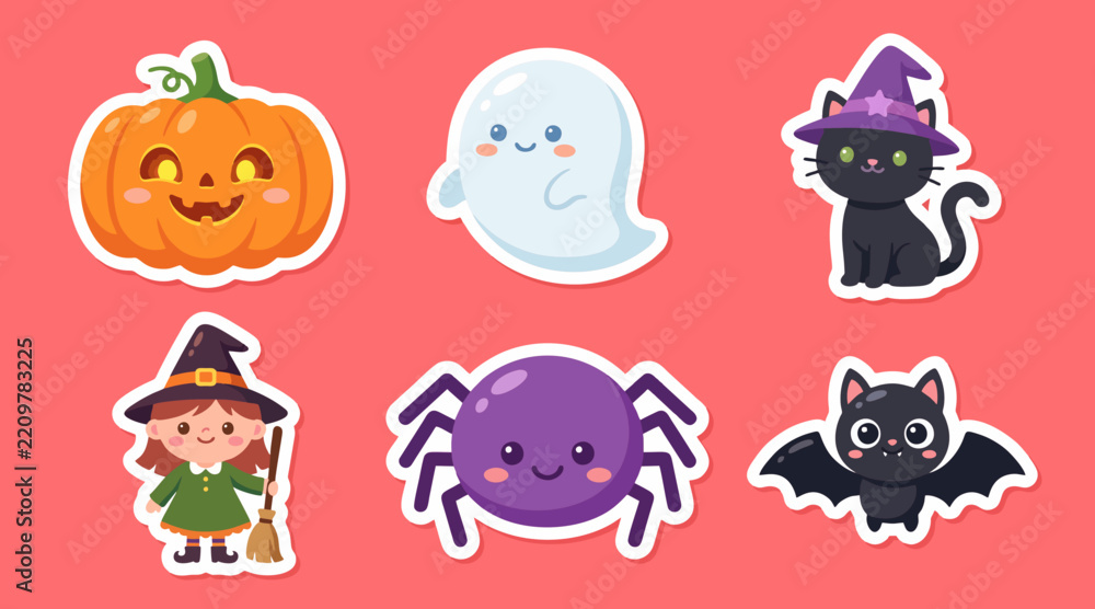 Obraz premium Cute Halloween vector sticker set featuring adorable characters like smiling jack o lantern pumpkin ghost witch cat spider bat