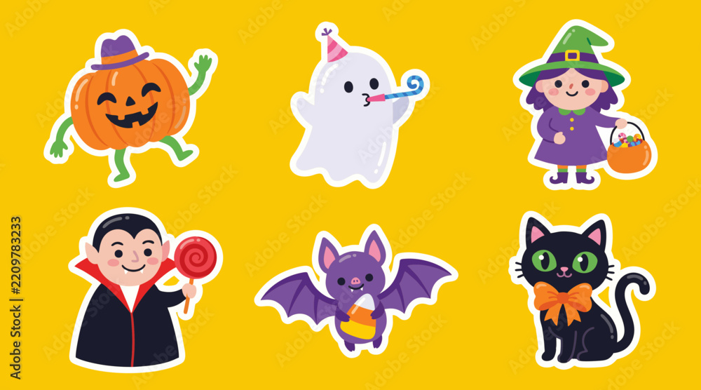 Obraz premium Halloween vector illustration set featuring cute cartoon characters including friendly ghosts and smiling pumpkins against yellow