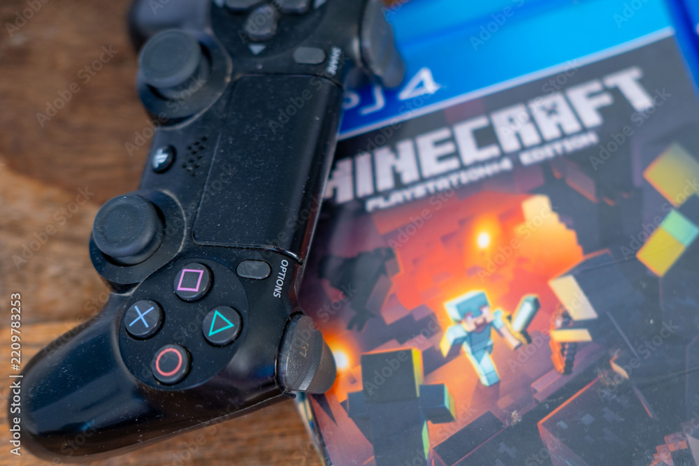 Naklejka premium PlayStation game cases, PS4 Spider-Man, Minecraft editions, Marvel Insomniac, video game entertainment, console gaming disks, digital entertainment retail, hobby collectors items, modern tech