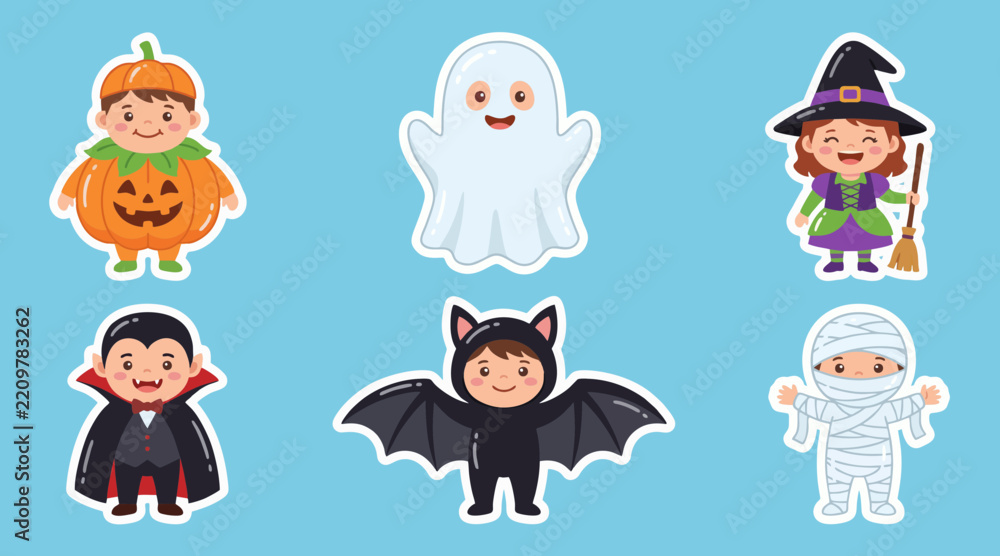 Obraz premium Cute vector graphic illustration featuring children wearing funny Halloween costumes like pumpkin ghost witch vampire bat and mummy