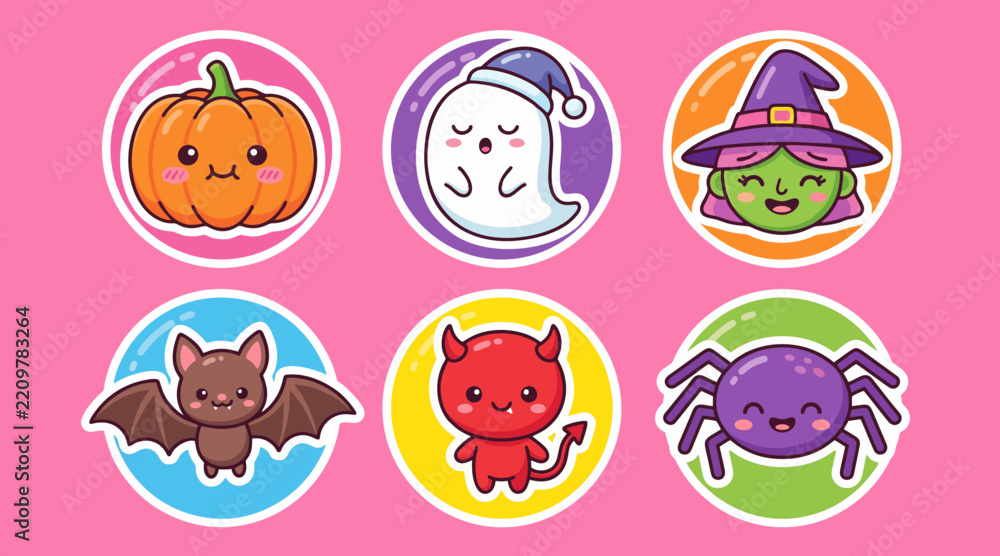 Obraz premium Cute Halloween vector sticker set featuring adorable kawaii characters like friendly ghosts and smiling pumpkins on bright pink background
