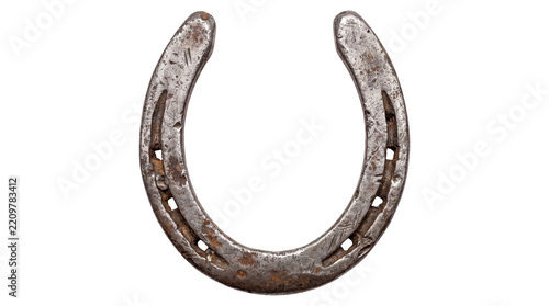 Rustic vintage iron horseshoe, lucky metal charm for western equestrian decor, worn rusty steel horse shoe symbol of good fortune isolated PNG with Transparent Background