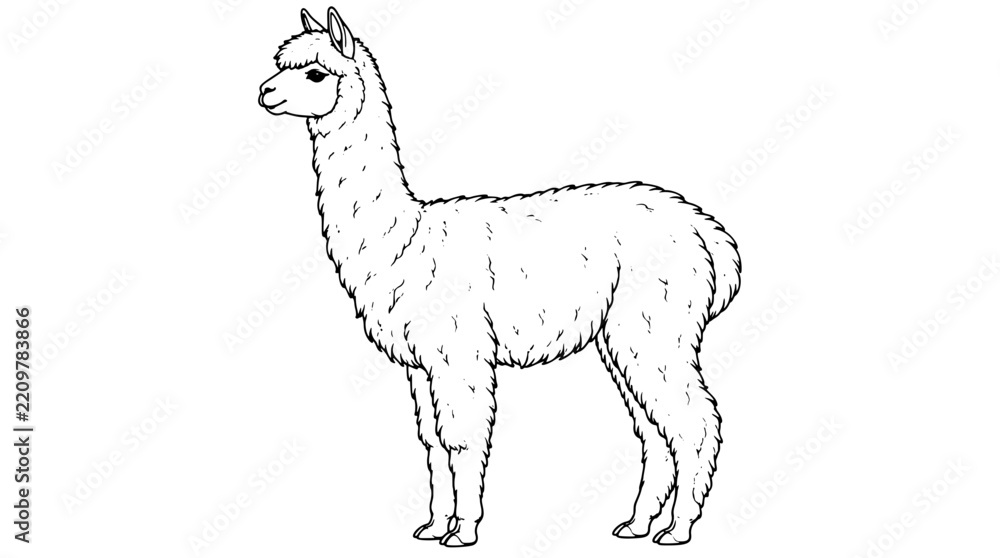 Obraz premium Line art illustration of a woolly alpaca standing in left-facing profile with shaggy fleece long neck ears and slender legs drawn in thin lines in centered composition conveying docile demeanor