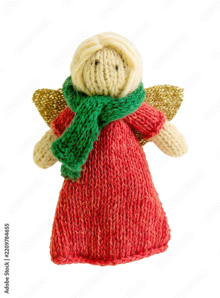 Obraz premium PNG Handmade knitted Christmas angel ornament with red dress