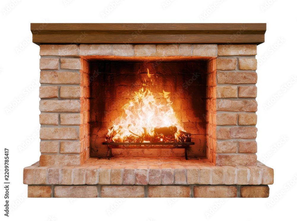 Obraz premium PNG Rustic brick fireplace with glowing fire isolated on white