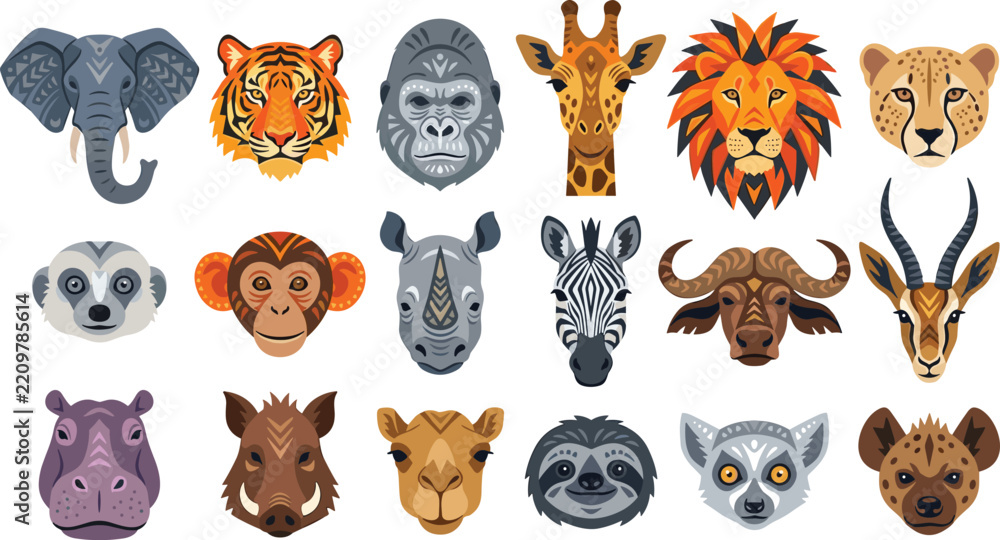 Naklejka premium Geometric african safari wild animal avatar face heads icon set isolated on a clean white background vector