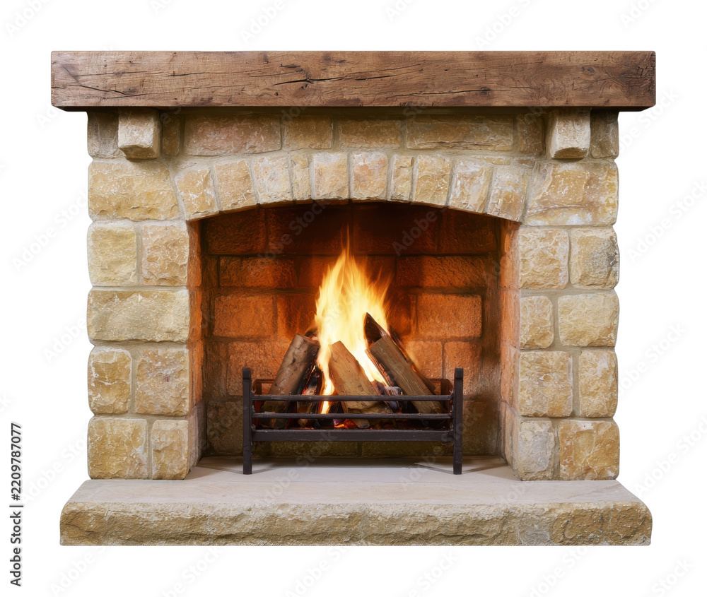 Obraz premium PNG Rustic stone fireplace with glowing fire and wooden mantel