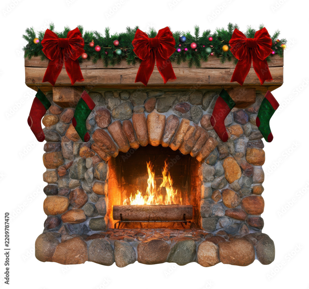 Obraz premium PNG Festive Christmas fireplace with garland, bows, stockings and fire