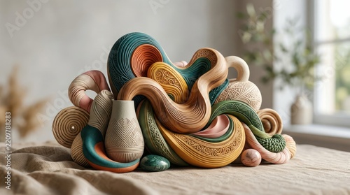 Abstract sculpture with organic shapes and earth tones