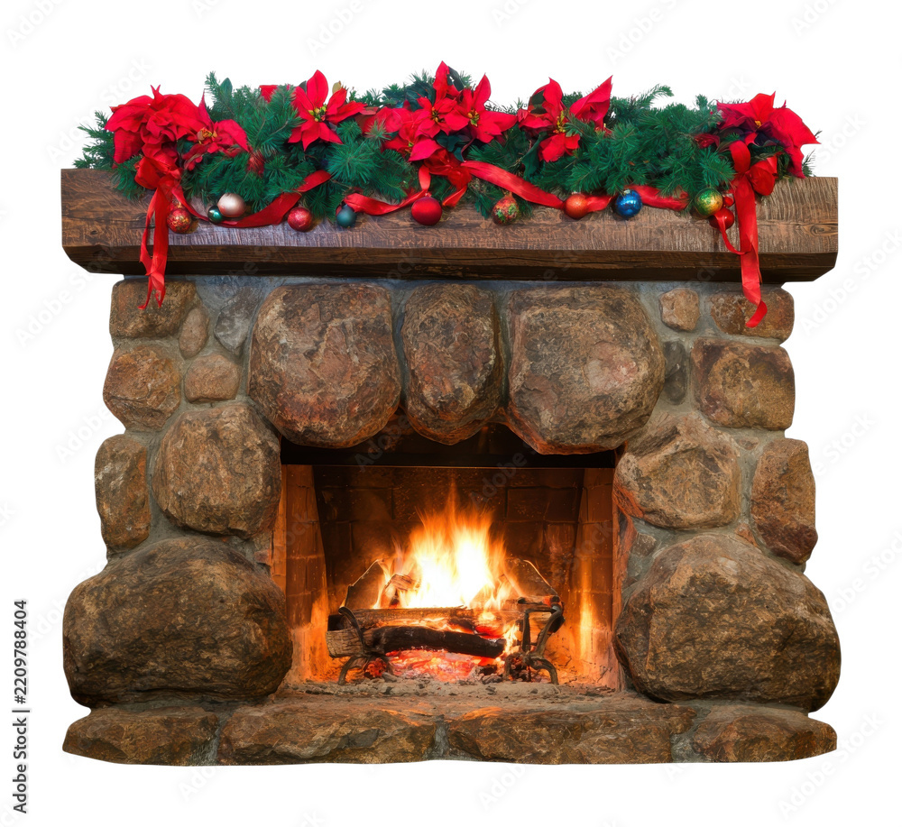 Obraz premium PNG Rustic stone fireplace with festive Christmas garland and fire