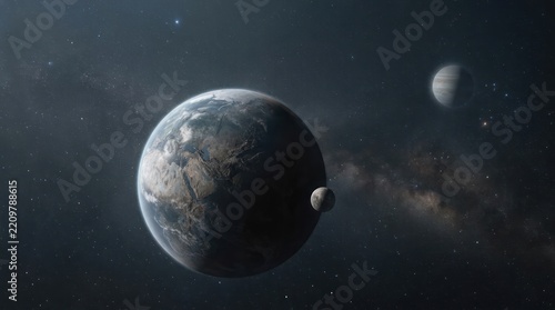 Alien planet with moon in deep space
