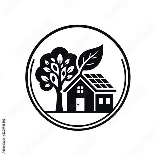 Green Home Energy Badge,Eco Friendly Home with Solar Panels and Tree Sustainable Living Vector